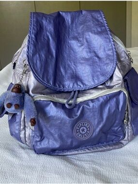 Kipling Metallic Purple Nylon Backpack Lightweight Travel School Bag